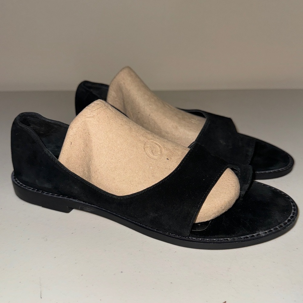 KDB Black Suede Shoes Women's 7.5 Toe Ring D'Orsay Flat Leather Sandals Open Toe